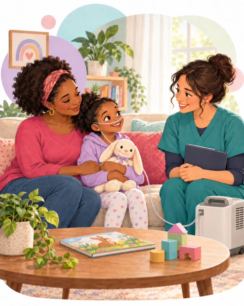Illustration of a child using home oxygen with a parent and a friendly pediatric nurse during a home visit.