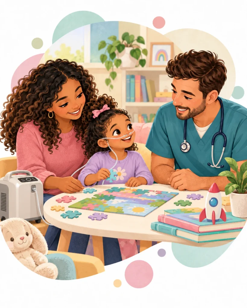 Illustration of a child using home oxygen while doing a puzzle with a parent and pediatric nurse.